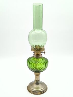 Collectible Depression Green Glass Kerosene Lamp – Diamond Pattern
